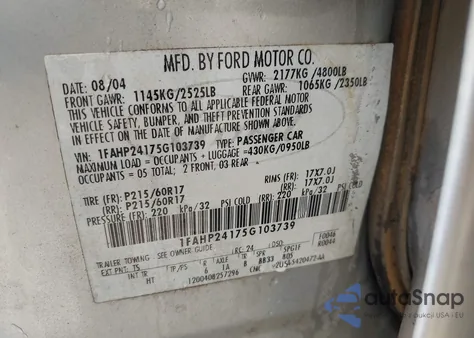 2005 Ford Five Hundred Sel from USA, damaged, VIN 1FAHP24175G103739